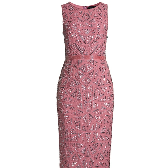 Mac Duggal Triangle Bead & Sequin Pattern Midi Sheath Dress in Rosewood - Picture 4 of 9